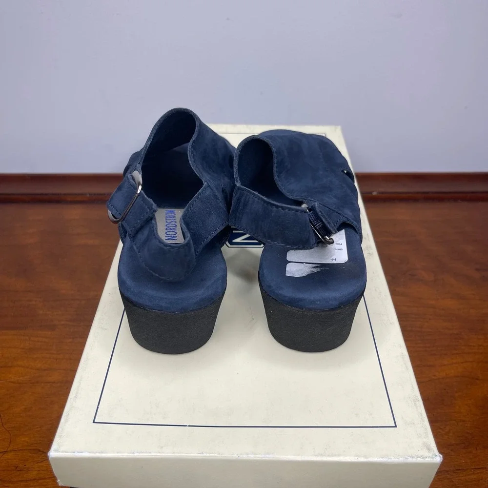 Vintage Nordstrom Dayton‎ Navy Nubuck Leather Wedge Slingback Sandals Womens 5M